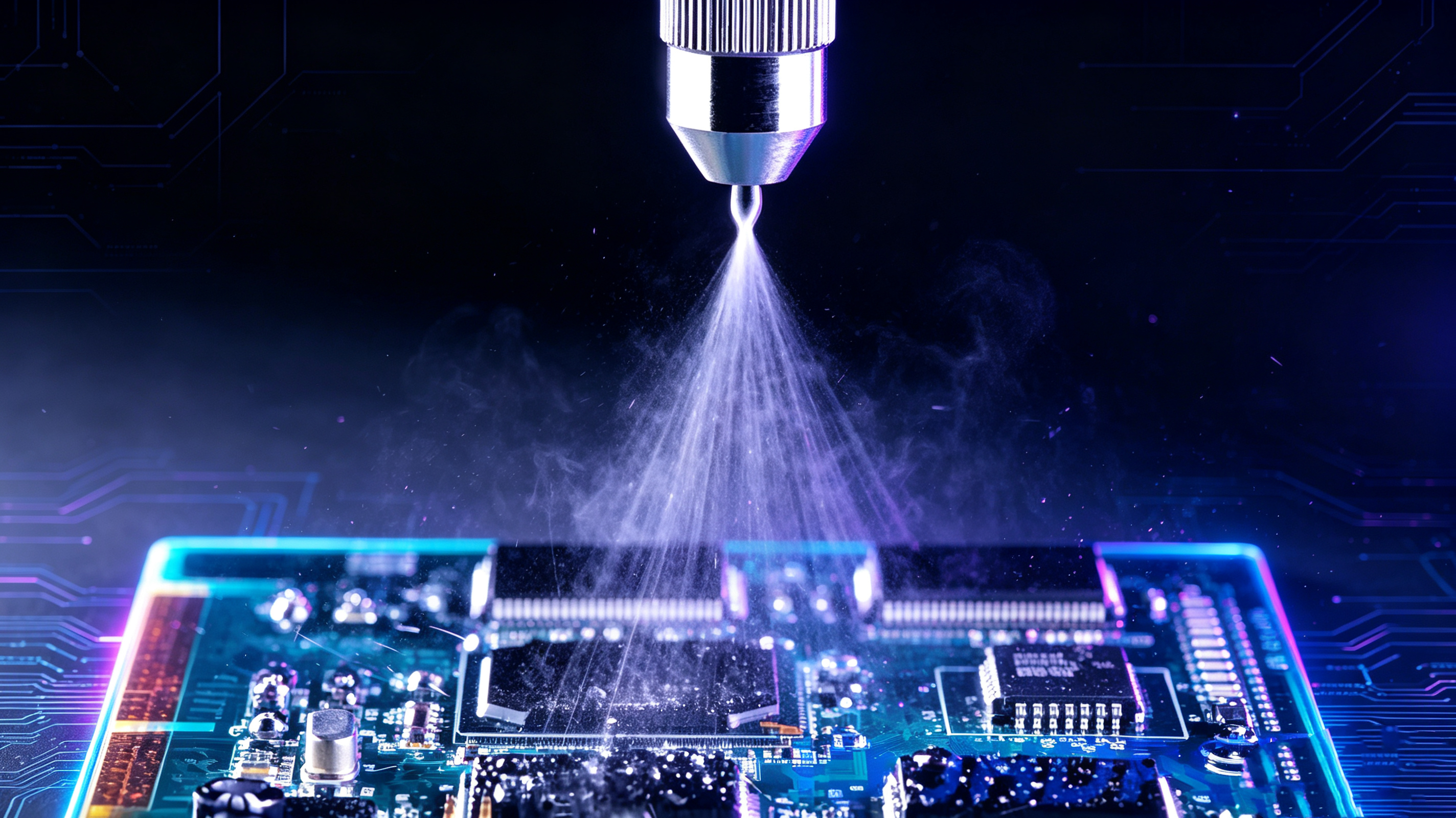 UV conformal coating being applied to a dense automotive PCB